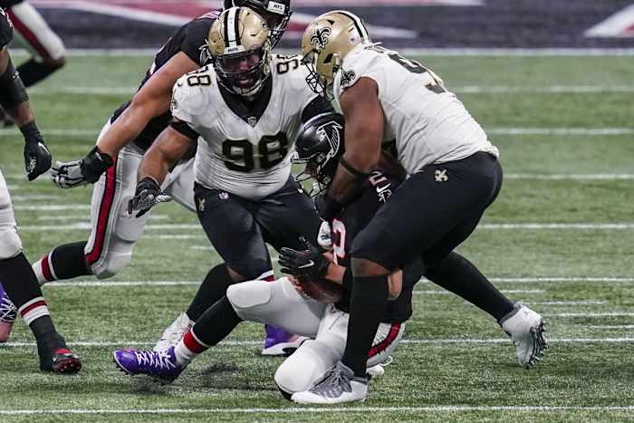 New Orleans Saints defensive tackle David Onyemata (93) tackles Atlanta quarterback Matt Ryan (2) in the backfield. Mandatory Credit: Dale Zanine-USA TODAY Sports